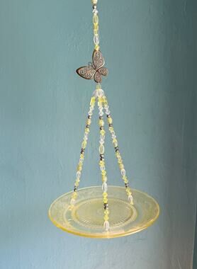 Vintage Yellow Depression Glass Bird Feeder 8.5” Patrician Spoke Suncatcher Art